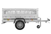 A silver utility trailer with a cage-like top is shown against a white background. Produktbild-Vorschau