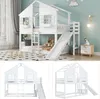 A collage of images showcasing a white bunk bed with a slide, designed for children. The top image shows the bunk bed in a room setting with teddy bears and decorative elements. The bottom two images are product shots against a white background, highlighti Náhled obrázku produktu