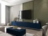 A modern living room with a TV mounted on a green wall above a blue TV stand. A coffee table in front of the TV stand holds a bowl of fruit and books. Curtains are visible on the left side of the image. Produktbild-Vorschau