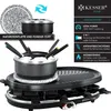 A product image showcasing a raclette grill with fondue pot and accessories, along with feature callouts. Produktbild-Vorschau
