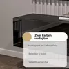 A close-up view of a black TV lowboard with a beige circle and text overlay highlighting product features. Produktbild-Vorschau