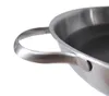 A close-up shot of the handle and rim of a stainless steel frying pan. Produktbild-Vorschau