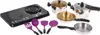 A collection of toy kitchenware, including a stovetop, pots, pans, and utensils, arranged on a white background. Produktbild-Vorschau