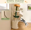 A cat tree is shown in a room with a cat jumping near it. There is text overlaying the image highlighting features. Podgląd zdjęcia produktu