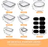 A diagram showing various sizes of clear plastic food storage containers with their dimensions labeled in centimeters and inches, along with a set of black labels. Produktbild-Vorschau