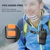 A man wearing a backpack with a walkie-talkie attached to the strap. The image highlights the VOX hands-free feature. Produktbild-Vorschau