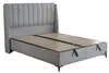 A grey upholstered bed frame with a slatted headboard and wooden slats on the base, shown against a white background. Produktbild-Vorschau