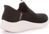 Side view of a black Skechers slip-on sneaker with a pink sole. Náhľad obrázku produktu
