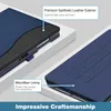 Close-up shots of a dark blue tablet case, highlighting its materials and construction. Produktbild-Vorschau