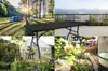 A collage of four images: camping tents in a forest, a folding table on a balcony with a view, a greenhouse with people, and a market stall with fresh produce. Náhľad obrázku produktu