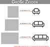 A size chart showing different sizes of sofa covers with corresponding dimensions and illustrations of furniture pieces. Produktbild-Vorschau