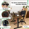 A woman is sitting at a height-adjustable desk, talking on the phone. The image highlights features of the desk. Produktbild-Vorschau