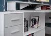 A close-up view of a white and light gray desk with drawers and shelves. Produktbild-Vorschau