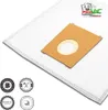 A white vacuum cleaner bag with a brown cardboard attachment and several circular badges at the bottom left. Produktbild-Vorschau