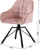 A pink velvet chair with black metal legs, featuring dimension lines and measurements. Náhľad obrázku produktu