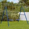 A swing set with two blue swings is set up on a green lawn in front of a white picket fence and trees. Produktbild-Vorschau
