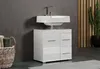 A modern white bathroom vanity with a sink and faucet, set against a dark gray textured wall and a wooden slatted accent wall with a potted cactus. Podgląd zdjęcia produktu