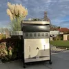A grill is shown outdoors in a backyard setting with plants and a house in the background. Produktbild-Vorschau