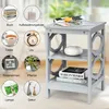 Collage of product images with text labels and a central product image of a grey side table. Podgląd zdjęcia produktu