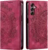 A flip case for a smartphone, shown open and closed, with a mandala pattern embossed on the cover. Produktbild-Vorschau