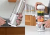 A split image showing a person charging a portable blender on the left and a person pressing a button on a blender filled with ingredients on the right. Podgląd zdjęcia produktu
