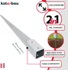 A metal ground spike for a fence post, with accompanying text and graphics highlighting its features and dimensions. Produktbild-Vorschau