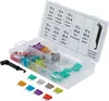 A clear, well-lit studio shot of a car fuse assortment kit, open to reveal the organized compartments and various colored fuses. A fuse puller tool is also visible. Anteprima dell’immagine prodotto