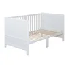 A white wooden baby crib with a slatted base is shown against a white background. Produktbild-Vorschau