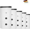 A row of white water heaters with black tops and black circular elements on their sides, set against a white background. A "Made in Germany" logo is in the top right corner. Produktbild-Vorschau