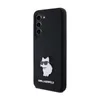 A black smartphone case with a white cat design and brand name. Produktbild-Vorschau