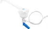 A white faucet with a blue button and a blue hose connector, attached to a white base with wires extending from it, is shown against a white background. Produktbild-Vorschau