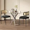 A round glass-top dining table with a chrome pedestal base and two chairs with cane backs and black velvet seats. Náhľad obrázku produktu