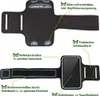 Two views of a black sports armband for a smartphone, with feature callouts. Produktbild-Vorschau