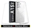 A clear phone case and screen protector are displayed next to a phone box. Produktbild-Vorschau