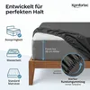 A fitted sheet is shown on a mattress, with text and icons highlighting its features and compatibility. Produktbild-Vorschau