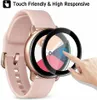 A pink smartwatch with a rose gold bezel is shown with a screen protector being applied by a finger. Text overlays highlight features. Produktbild-Vorschau