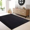 A dark rug is placed on a light-colored floor in front of a wooden cabinet in a well-lit room.
