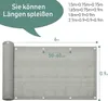 A rolled-up piece of grey fabric, likely a balcony screen, is shown next to a flat depiction with dimensions and text. Produktbild-Vorschau