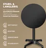 A black round table with a pedestal base is shown against a brown background, with text highlighting its features. Produktbild-Vorschau