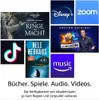A collage of various streaming service logos, a book cover, a TikTok logo, and a promotional image for a show, with accompanying text about media availability. Produktbild-Vorschau