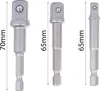 Three metal socket adapters of different lengths are shown side-by-side against a white background. Dimensions are indicated with text. Produktbild-Vorschau