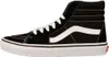A side view of a black Vans SK8-HI high-top sneaker with white laces and a white stripe. Voir les images du produit