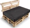 A black cushion on a wooden pallet base, designed as a sofa or seating. Produktbild-Vorschau