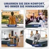 A collage of four images showing an inflatable mattress being used in different scenarios: outdoors, indoors with a family, during a move, and with guests. The top text reads 'UMARMEN SIE DEN KOMFORT, WO IMMER SIE HINWANDERN'. Produktbild-Vorschau
