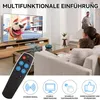 A living room scene with a TV, sofa, and a remote control in the foreground, accompanied by feature icons at the bottom. Produktbild-Vorschau