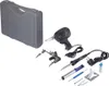 A soldering iron kit is laid out on a white background, with a gray carrying case to the left. Produktbild-Vorschau