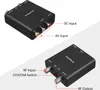 Two views of a black RF modulator device with labels pointing to its various ports and switches. Náhled obrázku produktu