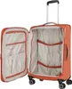 An open orange suitcase with its interior visible, showing straps and pockets. Produktbild-Vorschau
