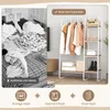 A collage showing a messy room contrasted with a neatly organized garment rack, storage shelves, and shoe rack. Produktbild-Vorschau