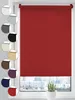 A red roller blind is shown in a window, with a cityscape visible outside. A small plant is in a pot on the windowsill. Produktbild-Vorschau